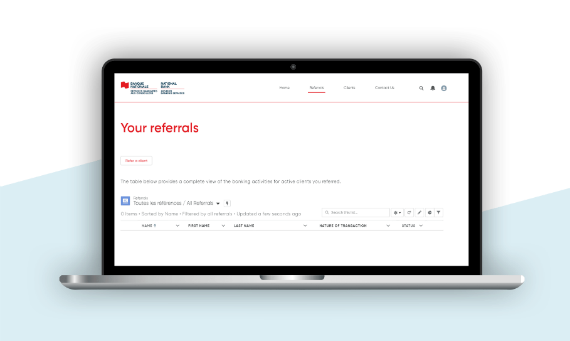 Referrals screen of National Bank website